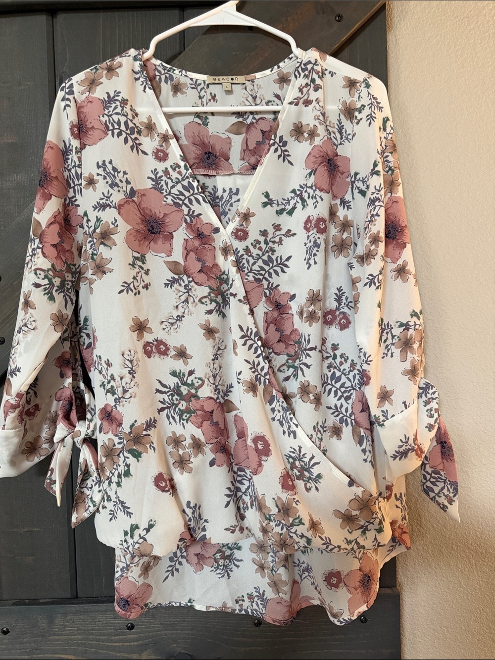 Beacon Floral Wrap Blouse - White with Dusty Rose & Taupe